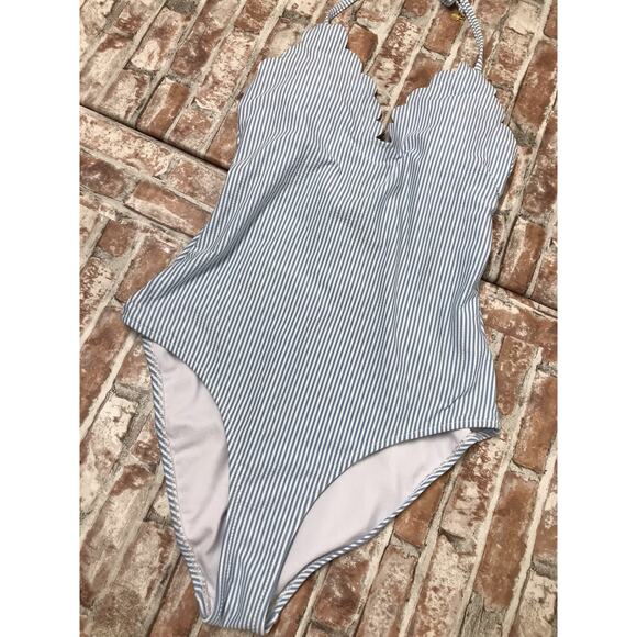 Jessica Simpson Swimsuit SZ MED Tie Back Striped Blue White Ruffle One PC Tummy - Picture 5 of 10